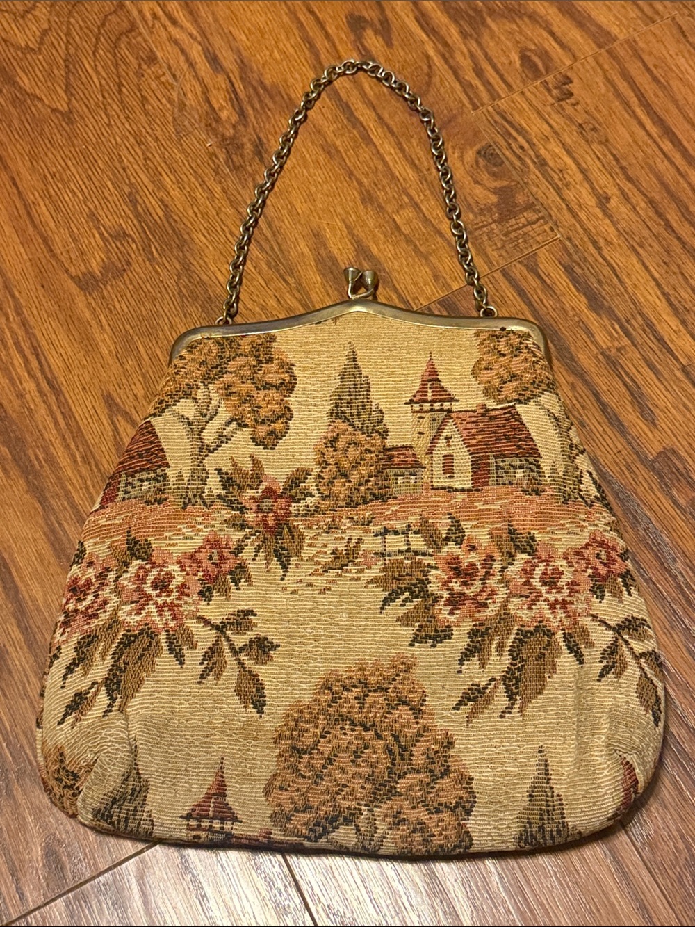 Vintage Beige Floral Church/house Tapestry Kiss Lock Shoulder Bag Medium purse